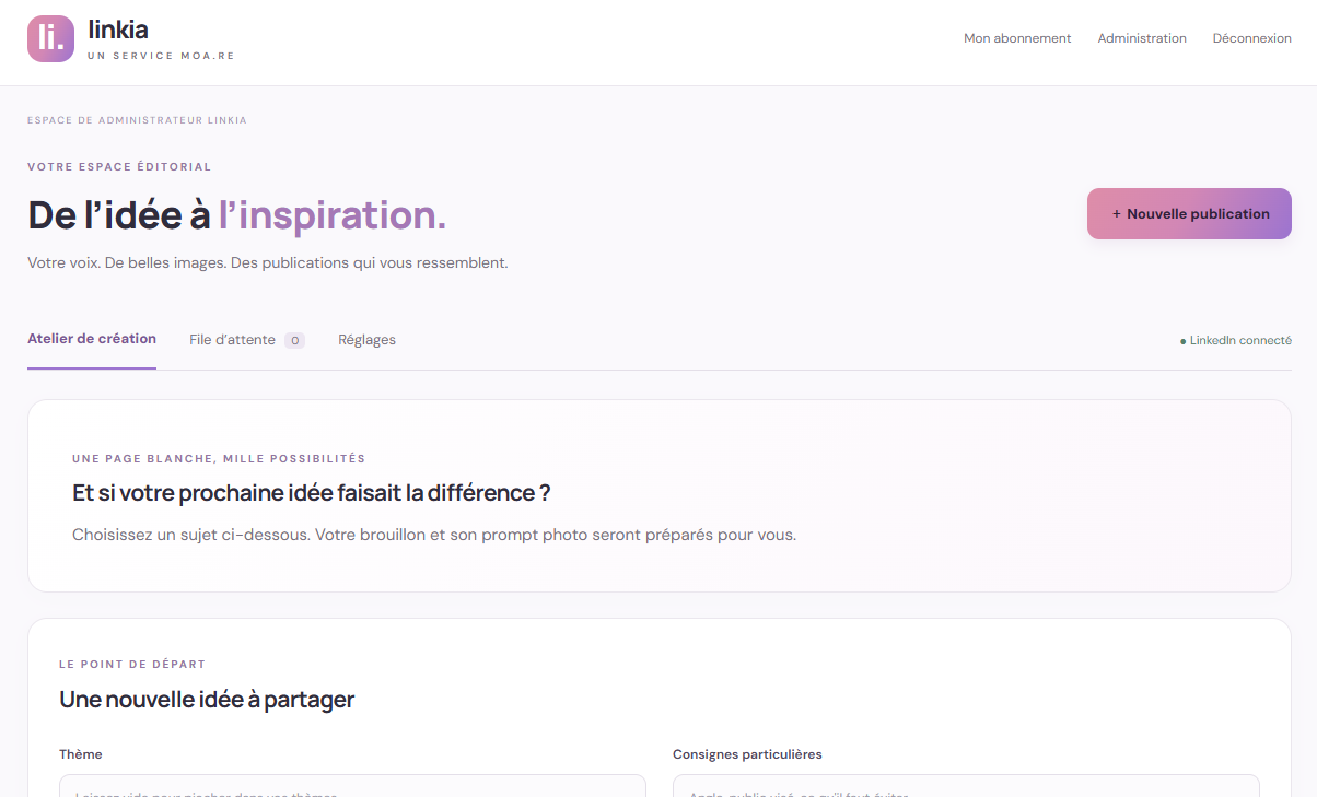 Espace éditorial de Linkia, l'outil de publication automatique LinkedIn offert avec MöA